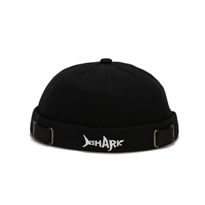 Black cotton Miki hat with white Shark embroidery and adjustable metal buckle strap