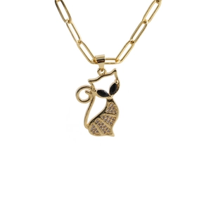 Collana chic dorata con ciondolo a gatto, occhi in pietra nera e zirconi lucidi