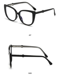 Detail view of black cat-eye glasses frame with 45-degree angle and side profile design