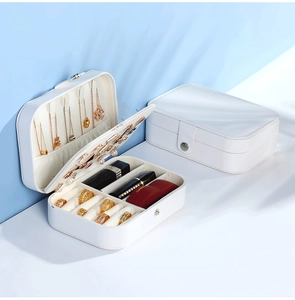 Detail of white PU leather jewelry box featuring necklace hooks and earring storage