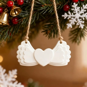 Flügel-Herz-Anhänger aus Gips für den Weihnachtsbaum mit Beeren und warmem Licht