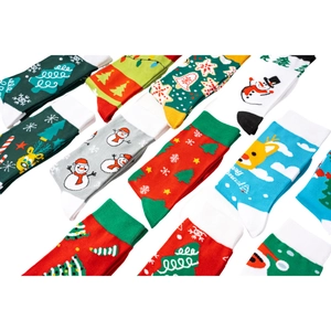 Detailed knit pattern of festive crew socks featuring snowmen, trees and reindeer
