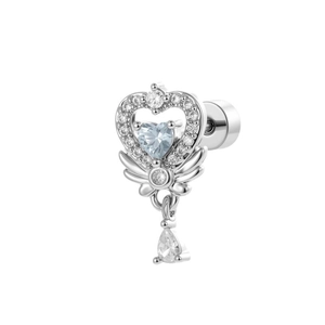 Silver heart wing screw back cartilage earring with light blue stones and pear drop charm