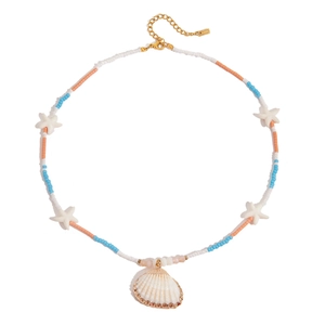 Bohemian beaded necklace with white starfish charms and a gold-edged seashell pendant