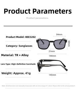 Detailed size chart for square frame sunglasses with TR and alloy material dimensions