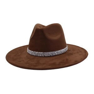 Brown faux suede wide brim fedora hat with a shimmering rhinestone decorative band