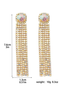Detailed size chart of long gold tassel earrings with rhinestone tassels and gems