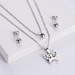 Silver stainless steel jewelry set featuring a butterfly pendant necklace and ball earrings