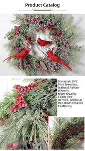 Detailansicht eines Weihnachtskranzes mit rotem Kardinalvogel, Tannenzapfen und Schneenadeln