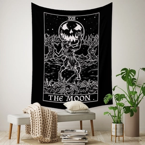 Detail of black and white Moon Tarot tapestry featuring werewolf under a full moon