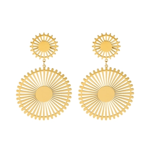 Vintage oversized 18k gold plated stainless steel sunburst circle drop earrings