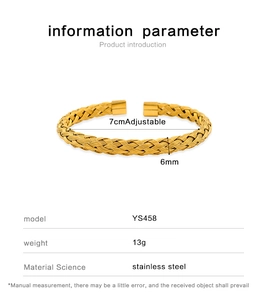 Detailed spec sheet showing a 6mm gold braided stainless steel adjustable wire cuff bracelet