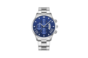 Close-up of Geneva men's watch with blue sunray dial and silver stainless steel strap