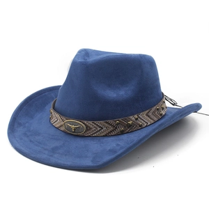 Detail of dark blue suede cowboy hat featuring brown band and metal bull head ornament