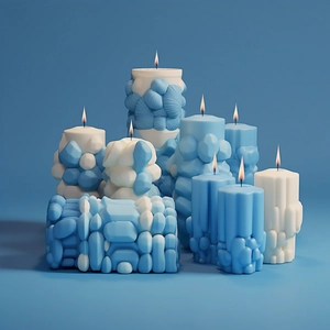 Détail des moules à bougies géométriques en silicone à texture cube et galet doux
