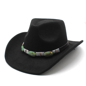 Detail of western wool felt hat with ethnic patterned band and marble bead accents