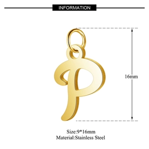 Macro shot of 9x16mm gold-plated stainless steel letter P pendant showing its dimensions