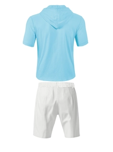 Rear view of men's sky blue hooded t-shirt and white sports shorts with breathable texture