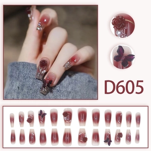 Elegant wine red gradient press-on nails with 3D rose and butterfly accents, 24pcs
