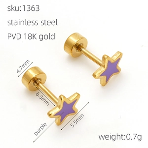 Detailed view of purple star stud earrings with 18K gold PVD plating and dimensions