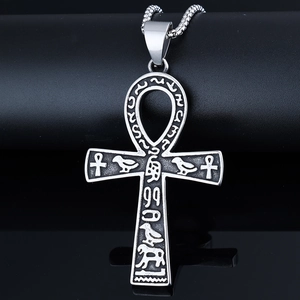 Pendentif croix Ankh égyptienne en acier inoxydable argenté avec gravures hiéroglyphes