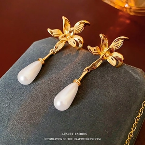 14K gold plated flower stud earrings with elegant white teardrop pearls for women