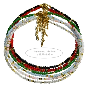 Detail showing colorful crystal beaded necklaces with 35 plus 5cm dimension label