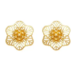 Exquisite golden layered flower stud earrings with intricate hollow design and pearl centers