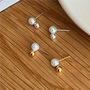 Minimalist 925 sterling silver ball and pearl stud earrings set in gold and silver finish