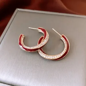 Luxury 18K gold plated C-shaped earrings with vintage red enamel and white zircons