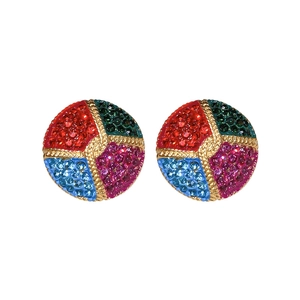 Vintage court style round stud earrings with colorful rhinestones in a gold-tone setting