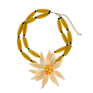 Exaggerated resin white flower choker with yellowish-green bamboo-style double-strand beads