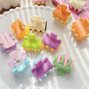 Mini macaron colored hair claws set in a white decorative plate for girls