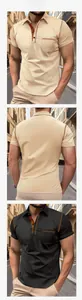 Detail of men's short sleeve polo shirt showing button placket and decorative pocket