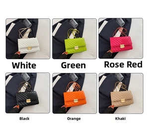 Collage of quilted chain crossbody bags in white, green, rose, black, orange, and khaki