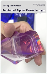 Close-up of durable purple laser holographic resealable bag with thick zip lock seal