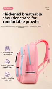 Detail of pink school bag showing breathable mesh straps and ergonomic back support cushion