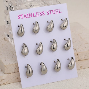 Polished silver stainless steel chunky teardrop earring set on card with 6 pairs