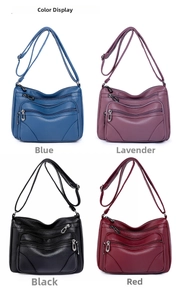 Detail view of multi-pocket soft leather crossbody bags in blue, purple, black, and red