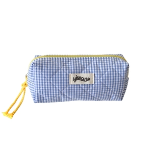 Quilted blue gingham stationery bag with large capacity and yellow zipper closure