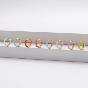 Set of eight colorful enamel S925 sterling silver hoop earrings in minimalist style