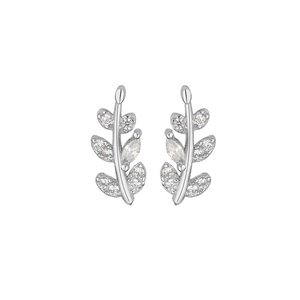 Macro shot of silver leaf stud earrings featuring brilliant olive branch zircon inlay