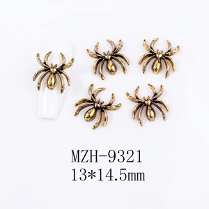 Detailed view of bronze spider 3D nail art charms with dimensions 13x14.5mm on white background
