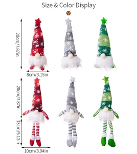 Detailed size and color display of Christmas gnome plush decor in red, grey, and green