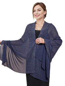 Close-up of navy blue chiffon shawl with elegant star-shaped hot-fix rhinestones