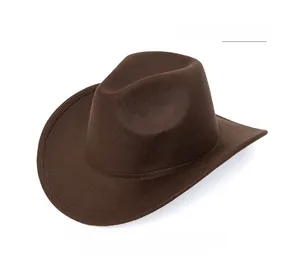 Detail of coffee brown wool felt fedora with a wide curved brim and rigid crown