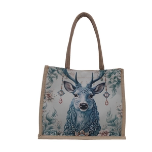 Linen canvas tote bag with artistic blue elk and floral print with rope handles