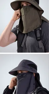 Detail of outdoor sun hat with wide brim, breathable mesh and detachable face shield