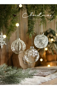 Detail of glass Christmas balls with white sequins and snowflakes on a festive pine branch