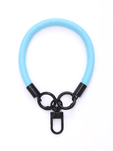 Blue leather wrist lanyard with black metal circular ring and swivel clip clasp detail